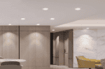 Recessed LED down light illuminating a contemporary ceiling with smooth, even lighting.