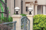 Outdoor globe garden light with plastic base and black metal stand.