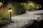 Outdoor garden lantern bollard lighting at night.