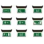 LED exit sign with emergency lighting and multilingual exit indicators.
