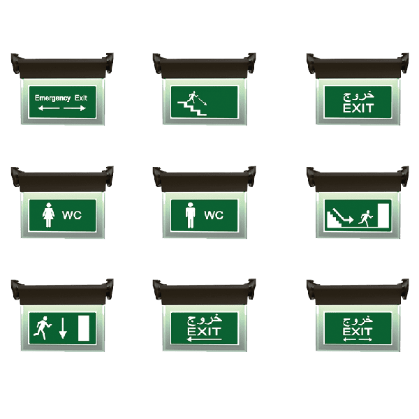 LED exit sign with emergency lighting and multilingual exit indicators.