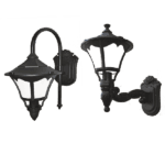 Outdoor wall-mounted lantern with vintage design and black finish.