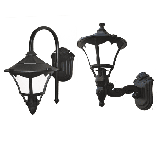 Outdoor wall-mounted lantern with vintage design and black finish.