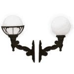 Vintage wall-mounted globe lamp with dual spherical glass shades and ornate black metal arms.