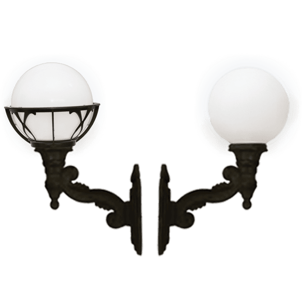 Vintage wall-mounted globe lamp with dual spherical glass shades and ornate black metal arms.