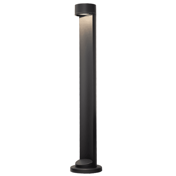 LED bollard light with moon-shaped top for pathway and landscape lighting.