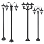 Elegant street lantern poles with single, double, and triple lamp configurations.