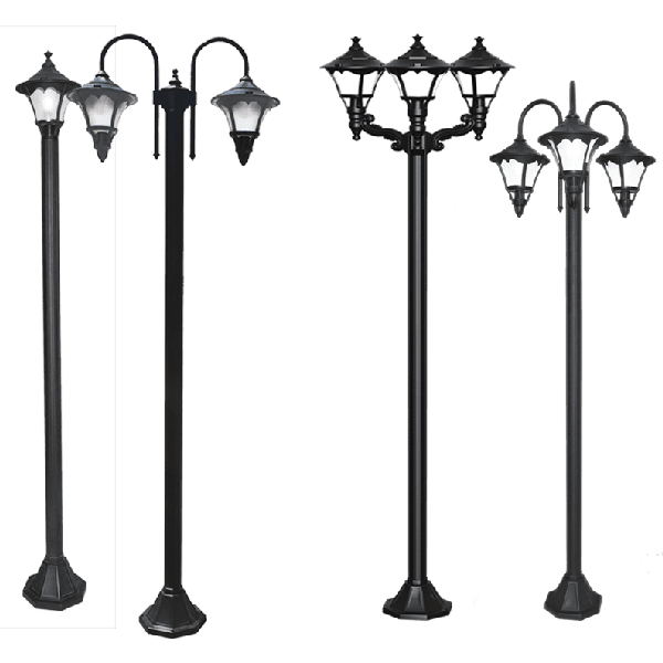 Elegant street lantern poles with single, double, and triple lamp configurations.