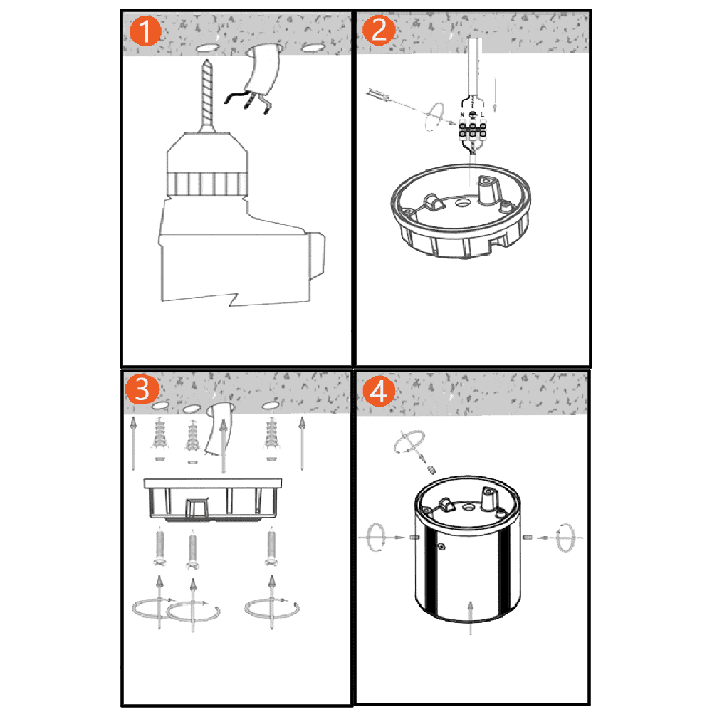 Surface mount downlight installation process with ceiling fixtures and wiring.