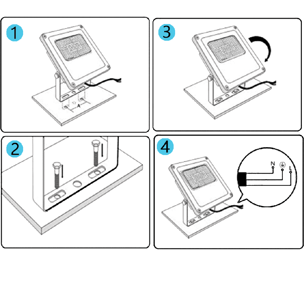 LED flood light with adjustable mounting bracket for outdoor lighting.
