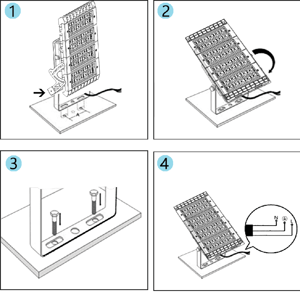 LED flood light mounting components for modular lighting systems.