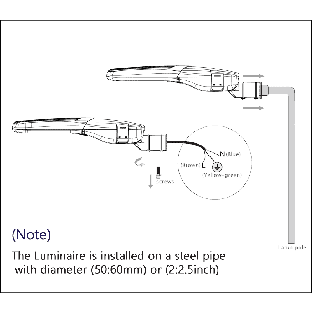 LED street light installation diagram with pipe connection.