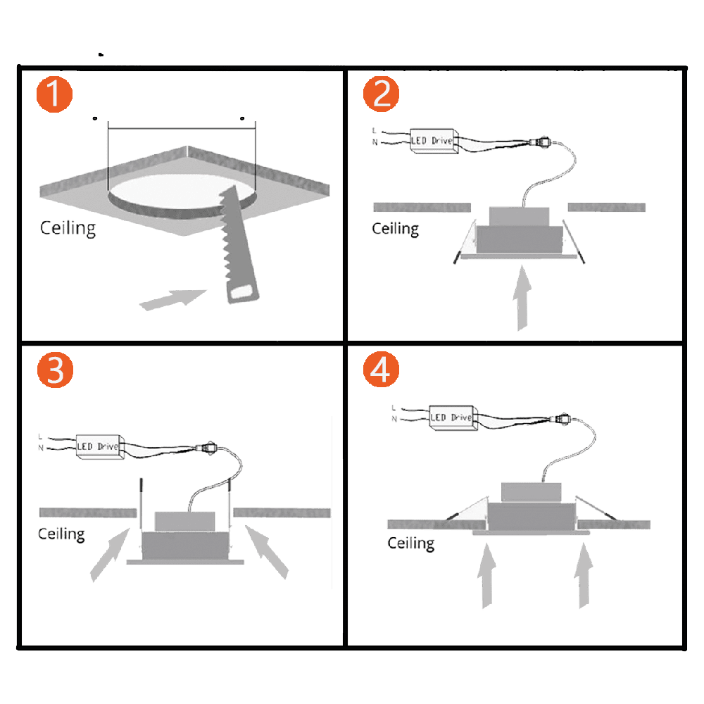 LED COB down light installation process with wiring and ceiling setup.