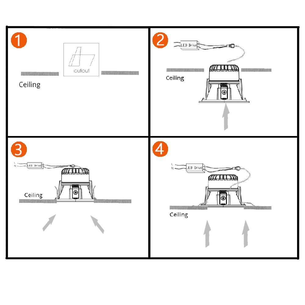 Recessed LED down light installation guide for modern ceiling lighting. Easy wiring and mounting for.