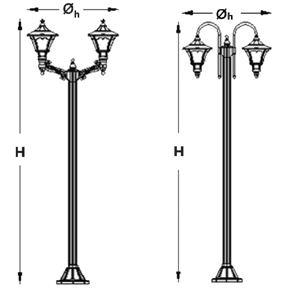 Decorative street lanterns on single, double, and triple poles for outdoor lighting.