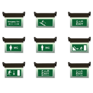 LED exit sign with emergency lighting and multilingual exit indicators.