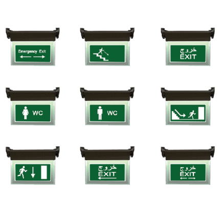 LED exit sign with emergency lighting and multilingual exit indicators.