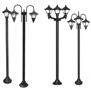 Elegant street lantern poles with single, double, and triple lamp configurations.