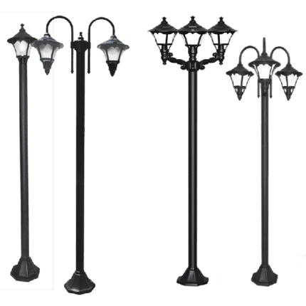 Elegant street lantern poles with single, double, and triple lamp configurations.