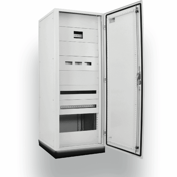 Enclosed IP54 rated carbon steel cabinet for secure equipment housing.