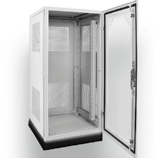 Enclosure for IT and data rack solutions with secure door and ventilation.