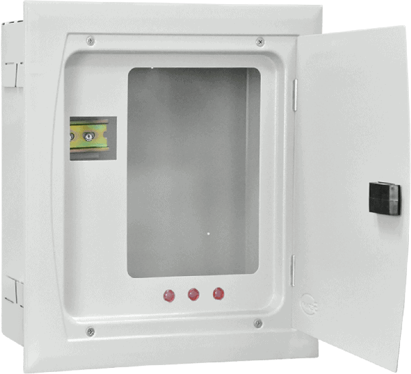 Electrical meter and main circuit breaker in a white enclosure.