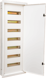 Recessed electric distribution panel with multiple line slots for efficient wiring.