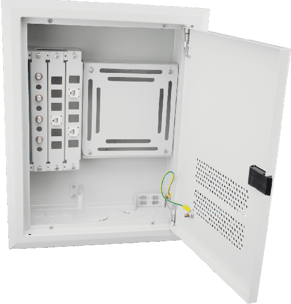 Network panel for fiber optic and data connections.