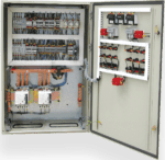 Enclosure wall-mounted panel with electrical components for industrial automation.