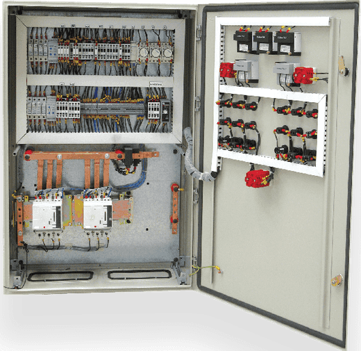 Enclosure wall-mounted panel with electrical components for industrial automation.