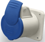 Industrial power socket with blue cover for heavy-duty applications.