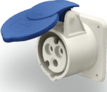 Heavy-duty industrial power socket with protective cover for reliable power connection.