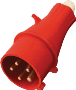 Robust red industrial power plug with multiple pins for heavy-duty electrical connections.