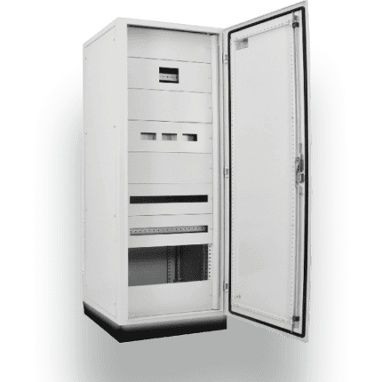 Enclosed IP54 rated carbon steel cabinet for secure equipment housing.