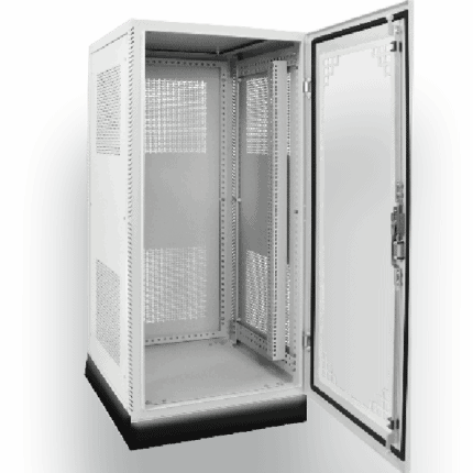 Enclosure for IT and data rack solutions with secure door and ventilation.