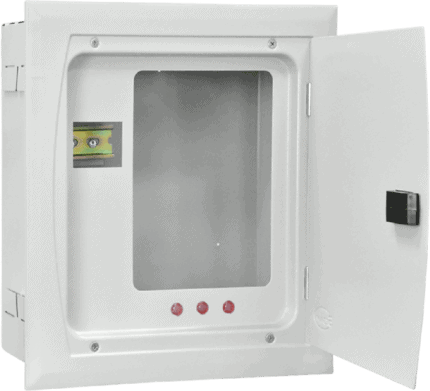 Electrical meter and main circuit breaker in a white enclosure.