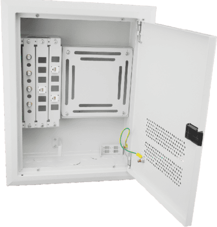 Network panel for fiber optic and data connections.