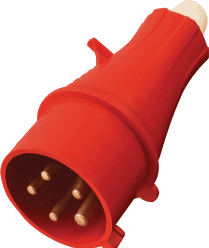 Robust red industrial power plug with multiple pins for heavy-duty electrical connections.