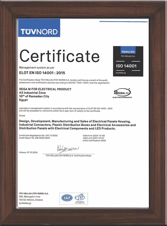 TÜV-NORD-ISO-14001:2015-Umweltmanagementsystem-Zertifikat, SEGA M verliehen