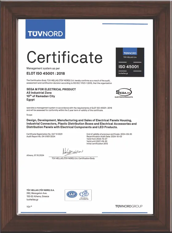 TÜV-NORD-ISO-45001-Arbeitsschutzmanagement-Zertifikat, SEGA M verliehen